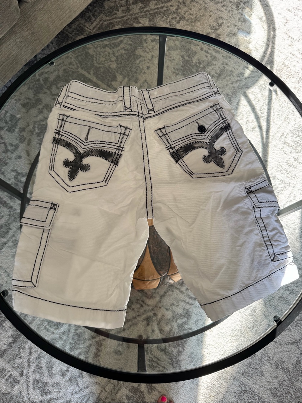 Rock Revival White Cargo Shorts with Black Stitching - Picture 3 of 4